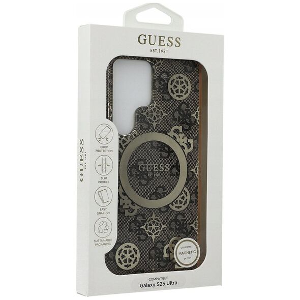 Guess 4G Background Gold Electroplated Peony Pattern MagSafe Case for Samsung Galaxy S25 Ultra Brown