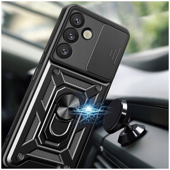 Etui pancerne Hybrid Armor Camshield z osłoną aparatu i metalowym ringiem do Samsung Galaxy S25 - czarne