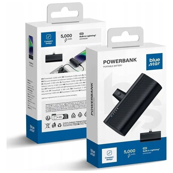 BLUE STAR powerbank 5000 mAh z wbudowanym złączem Lightning 2,1A W0556P czarny