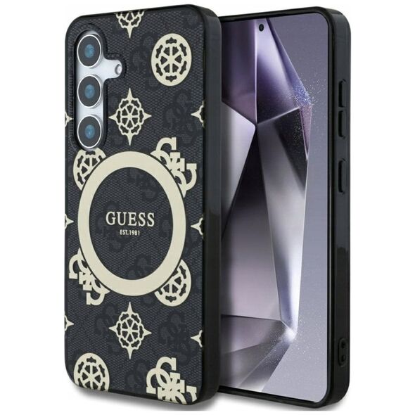 Guess 4G Background Gold Electroplated Peony Pattern MagSafe case for Samsung Galaxy S25 black