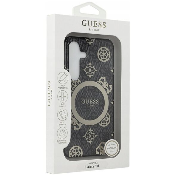 Guess 4G Background Gold Electroplated Peony Pattern MagSafe case for Samsung Galaxy S25 black