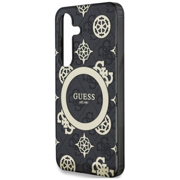 Guess 4G Background Gold Electroplated Peony Pattern MagSafe case for Samsung Galaxy S25 black