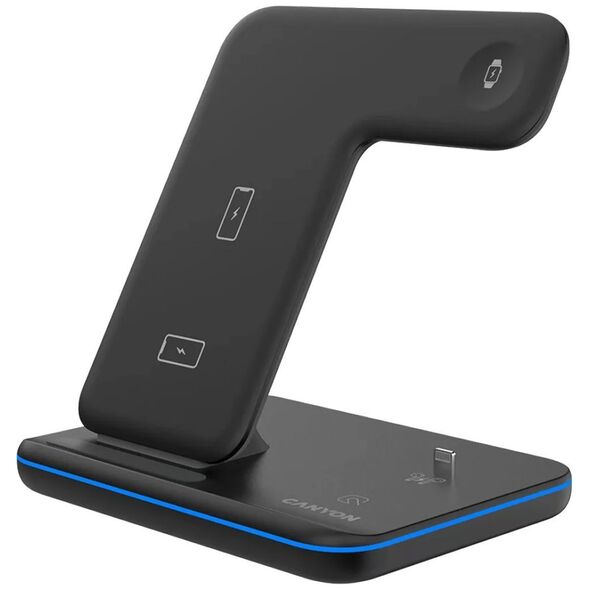 Ładowarka Canyon CANYON WS-302, 3in1 Wireless charger, with touch button for Running water light, Input 9V/2A,12V/1.5A  Output 15W/10W/7.5W/5W, Type c to USB-A cable length 1.2m,with QC18W EU plug 137*103*140mm, 0.22Kg, Black