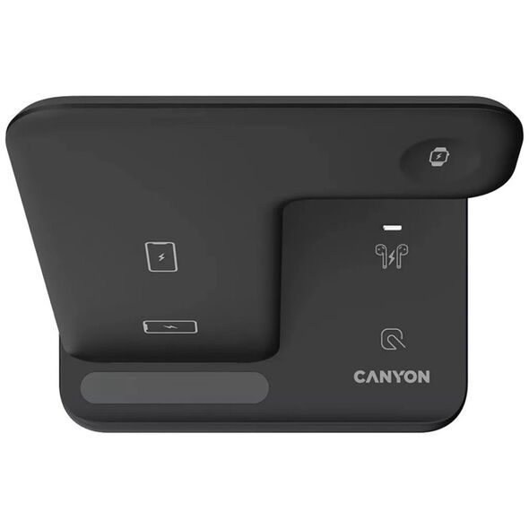 Ładowarka Canyon CANYON WS-302, 3in1 Wireless charger, with touch button for Running water light, Input 9V/2A,12V/1.5A  Output 15W/10W/7.5W/5W, Type c to USB-A cable length 1.2m,with QC18W EU plug 137*103*140mm, 0.22Kg, Black