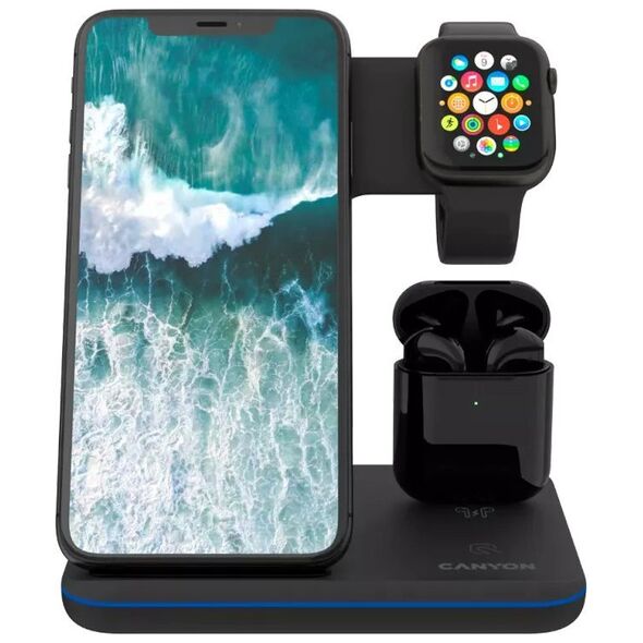 Ładowarka Canyon CANYON WS-302, 3in1 Wireless charger, with touch button for Running water light, Input 9V/2A,12V/1.5A  Output 15W/10W/7.5W/5W, Type c to USB-A cable length 1.2m,with QC18W EU plug 137*103*140mm, 0.22Kg, Black
