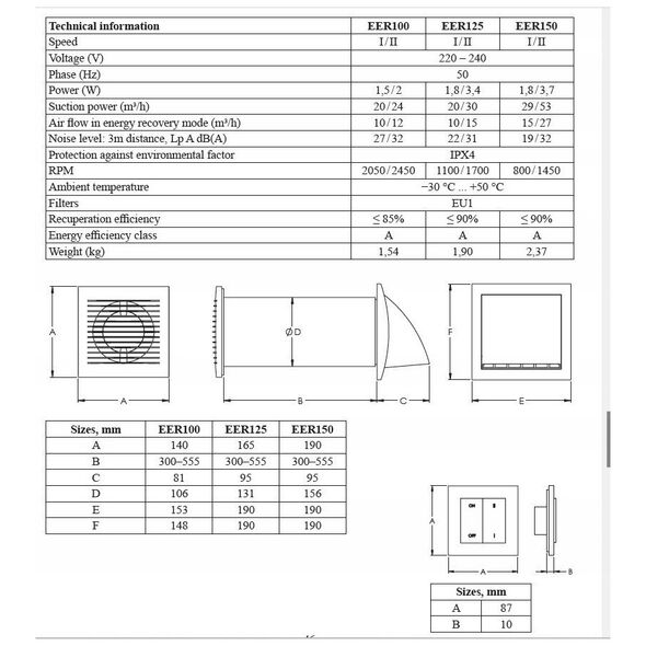 Wall-mounted recuperator E-EXTRA EER150S, DN150, with wall switch