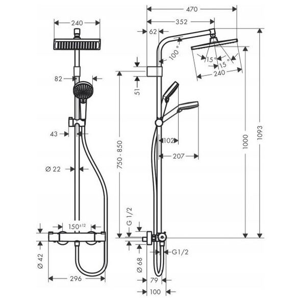 Shower system HANSGROHE CROMETTA E 240 1JET SHOWERPIPE: rain and hand shower, thermostat + gift