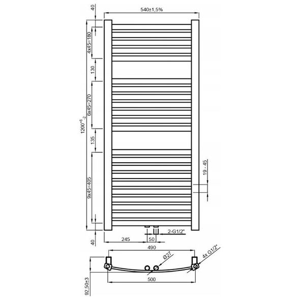 Towel dryer INVENA, 1200 x 540 mm, steel, graphite color.