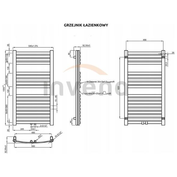 Towel dryer INVENA, 1000 x 540 mm, steel, black