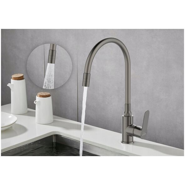 Sink mixer INVENA KSANTI PLUS, with 360deg swivel spout, matt grey.