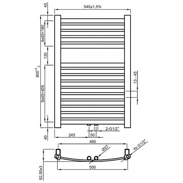 Towel dryer INVENA, 800 x 540 mm, steel, white