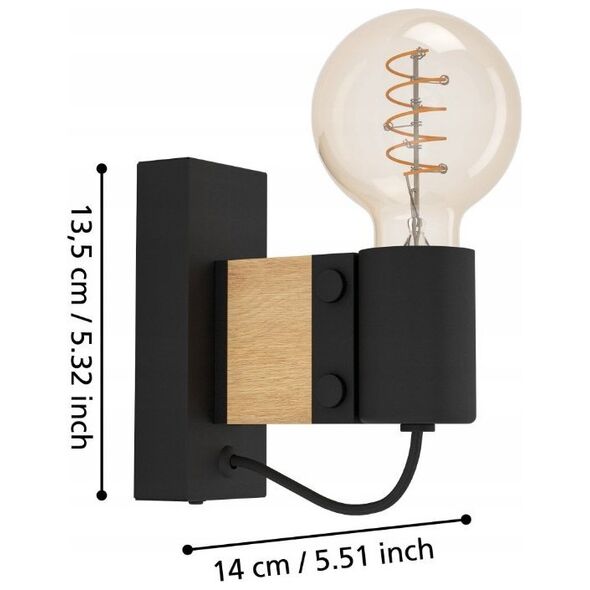Wall lamp EGLO Bailrigg, 1 x E27, 40W, black/wood color, 5.5 x 14 x 13.5 cm