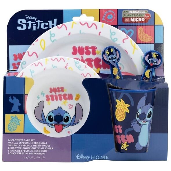 Disney Stitch - Zestaw naczyń do mikrofali 5 szt. z kolekcji Palms (talerz, miska, kubeczek, widelec, łyżeczka)