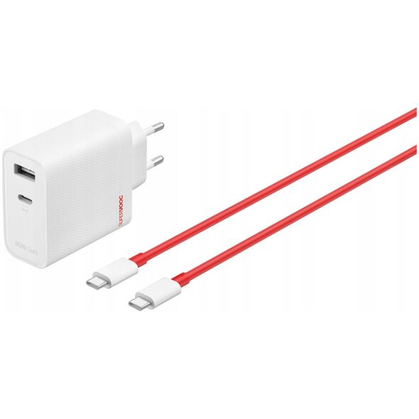 OnePlus SUPERVOOC 80W GaN Dual USB-A + USB-C kelioninis įkroviklis + USB-C/USB-C kabelis baltas
