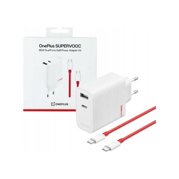 OnePlus SUPERVOOC 80W GaN Dual USB-A + USB-C kelioninis įkroviklis + USB-C/USB-C kabelis baltas