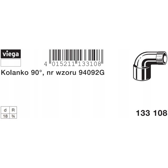 Viega 4092G KOLANO GZ WKRĘT.18X3/4 (133108) // M.KOGZ.18X3/4