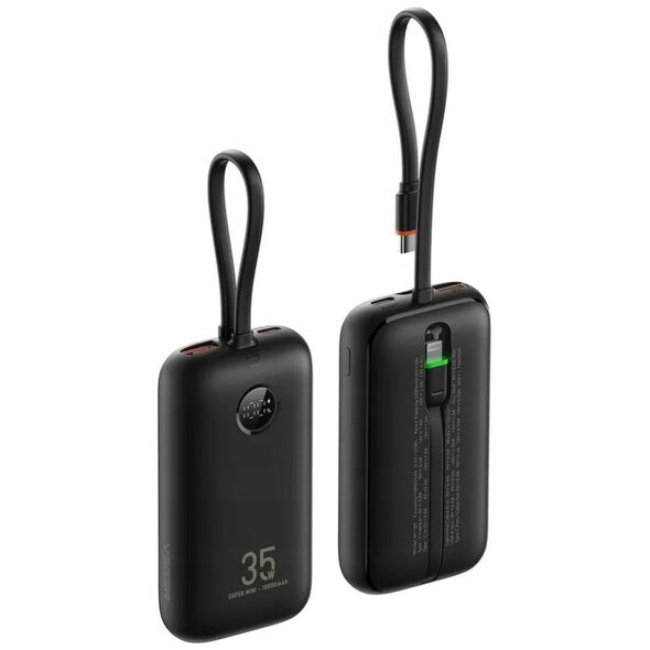 VEGER powerbank 10000 mAh z wbudowanymi kablami Typ C / Lightning PD QC3.0 35W K1 (W1188) czarny