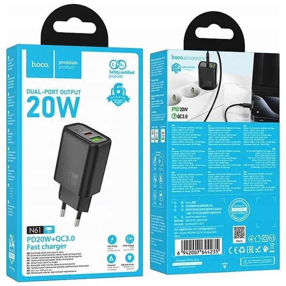 HOCO ładowarka sieciowa USB A + Typ C PD QC3.0 3A 20W N61 czarna