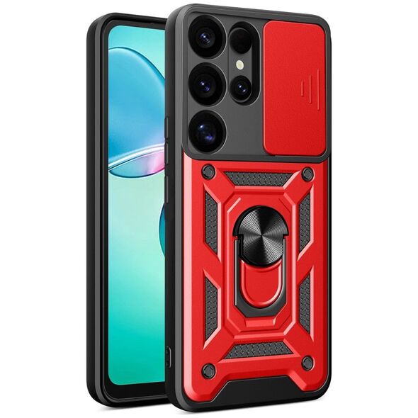 Etui pancerne Hybrid Armor Camshield z osłoną aparatu i metalowym ringiem do Samsung Galaxy S25 Ultra - czerwone