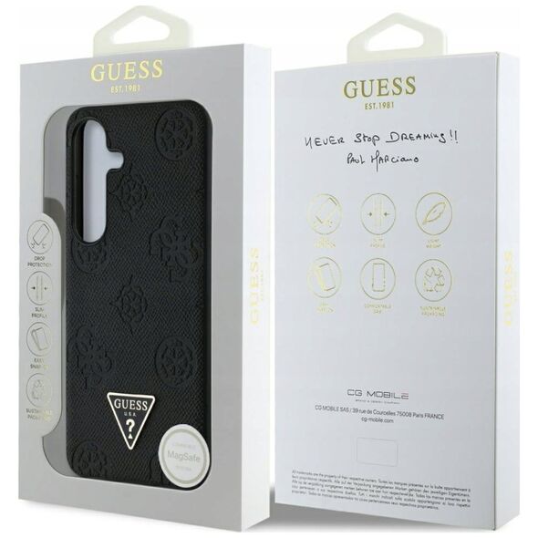 Etui Guess Grained Hot Stamp Peony  Pattern Triangle Logo MagSafe do Samsung Galaxy S25 czarny