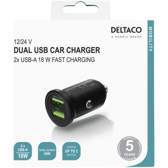 Φορτιστής Deltaco DELTACO Φορτιστής αυτοκινήτου USB, 2x USB-A 18 W, γρήγορη φόρτιση, σύνολο 36 W μαύρο USB-CAR128 12940016 7333048047717