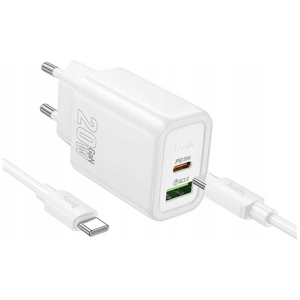 HOCO ładowarka sieciowa USB A + Typ C + kabel Typ C do Typ C PD QC3.0 3A 20W N61 biała