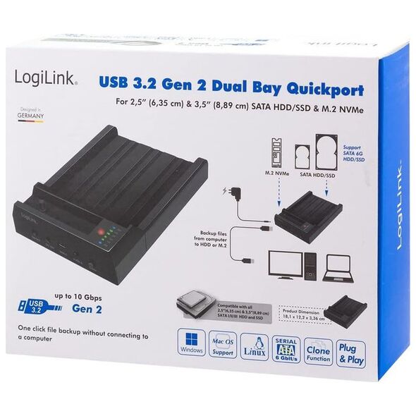 LogiLink USB 3.2 Gen 2 Quickport, 2-Bay, for 2,5/3,5 SATA HDD/SSD & M.2 NVMe