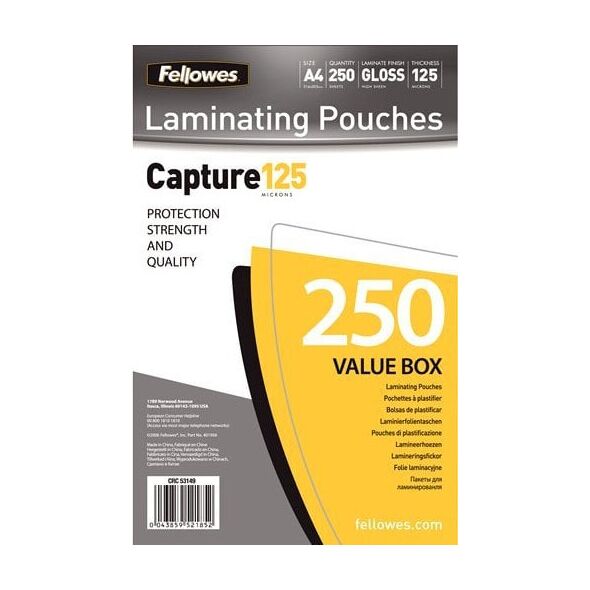 Fellowes Fellowes A4 Glossy 125 Micron Laminating Pouch 250-Value Pack - 5314903 754407 43859521852