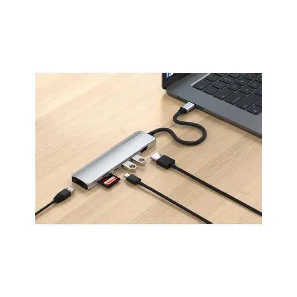 Satechi 7-in-1 HUB USB-C Slim Multiport Adapter with Ethernet USB-C / 2xUSB-A, USB-C PD, HDMI 4K, card reader, Ethernet silver