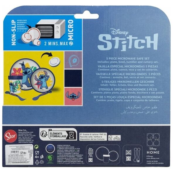 Disney Stitch - Antypoślizgowy zestaw naczyń do mikrofali 5 szt. (talerz, miska, kubeczek, widelec, łyżeczka)