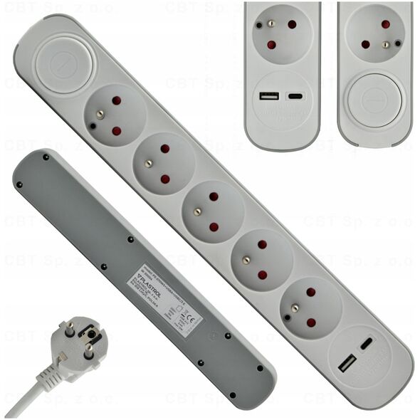 HOME EXTENSION CORD 5x SOCKETS 3m WITH SWITCH 1x USB-A 1x USB-C