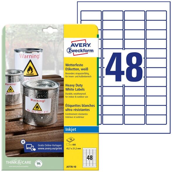 AVERY AVERY Zweckform Folien-Etiketten, wetterfest, 45,7 x 21,2 mm weiß, mit Rand, για Inkjet-Drucker - 1 Stück (J4778-10) 13802111 4004180000000