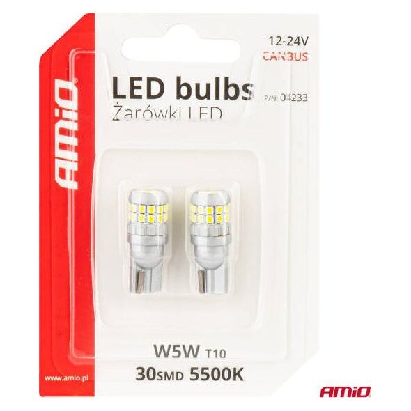 Żarówki LED CANBUS T10 W5W 30SMD 2016 White 12V 24V AMIO-04233