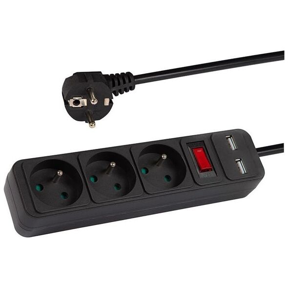 98-775# Przedłużacz sieciowy pr-370wsp/usb 3-gniazda+usb z uziemieniem+wyłącznik 3m czarny 3x1,5mm