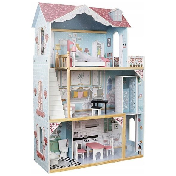 Duży Drewniany Domek dla lalek + drewniane mebelki Pastelowe kolory ZA5457