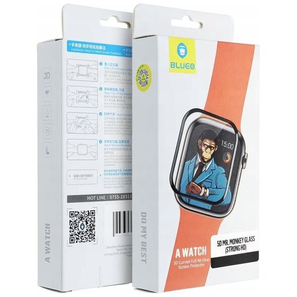 Blueo Szkło Hartowane 5D Mr. Monkey Glass - do Apple Watch SE / SE 2 44MM czarny (Strong HD)