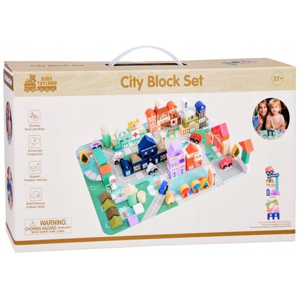 Pastelowy Zestaw Klocki drewniane Miasteczko + Mata puzzle 115 ele ZA5373