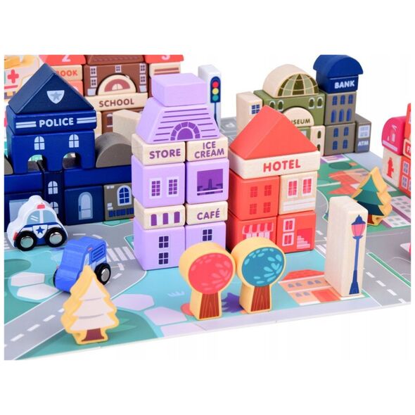 Pastelowy Zestaw Klocki drewniane Miasteczko + Mata puzzle 115 ele ZA5373