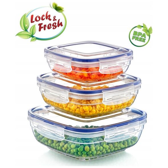 Kpl pojemników do żywności kwadrat 600,1025,1700 ml transparent