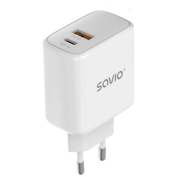 SAVIO LA-10 Ładowarka sieciowa 30W Quick Charge, Power Delivery 3.0, Biała + Kabel