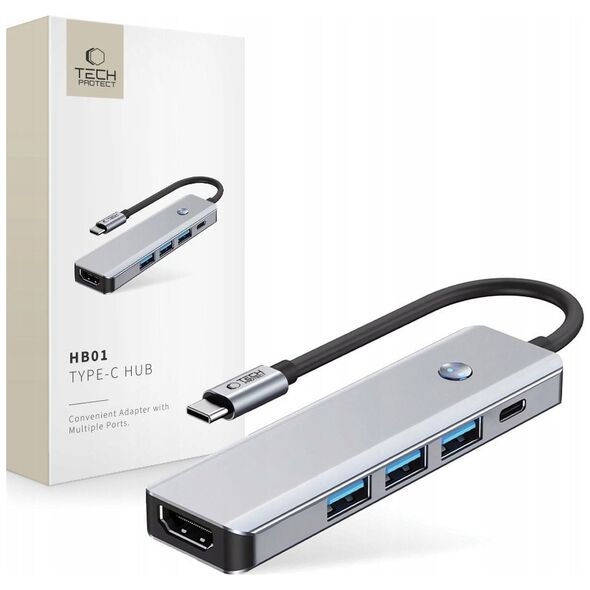 TECH-PROTECT HB01 HUB ADAPTER 5IN1 TYPE-C + USB3.0 + HDMI 4K 60HZ + PD100W SPACE GREY