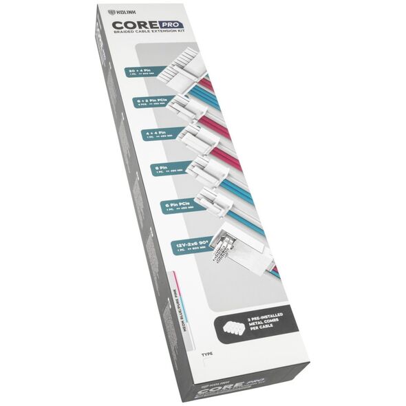 Kolink Kolink Core Pro Braided Cable Extension Kit 12V-2x6 Type 2 - Brilliant White/Neon Blue/Pure Pink 13338810 5999094005761