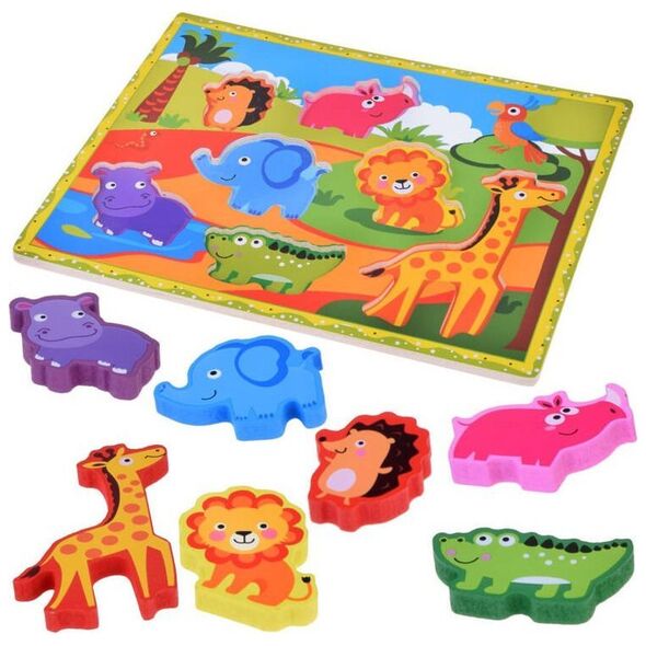 Jokomisiada Drewniane puzzle układanka zwierzątka safari 7ele dopasuj kształty ZA5256