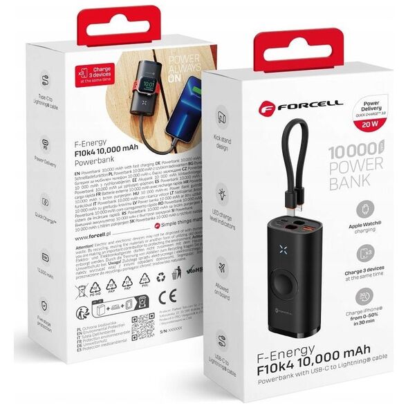 FORCELL F-ENERGY F10K4 powerbank kompatybilny z Apple Watch PD QC3.0 3A 22,5W 10000 mAh czarny