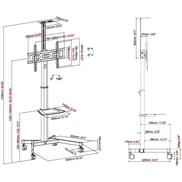 VISION Wertanzeige-Bodenstander - LEBENSLANGE GARANTIE - Stahlkonstruktion - Trolley passt fur Displays von 31-80" mit VESA-Grossen bis zu 600 x 400 - Dreht von Hoch- zu Querformat - Manuelle Hohenverstellung, die arretiert werden kann, um Wackeln zu
