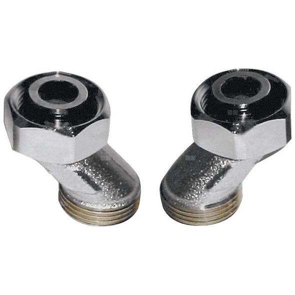 Adapter wyrównujący, 2 sztuki, do wyrównywania połączeń rurowych, promień 15 mm, przyłącze od strony zaworu stożkowe 3/4 ze swobodną nakrętką, przyłącze rurowe 3/4 gwint zewnętrzny ze stożkiem.