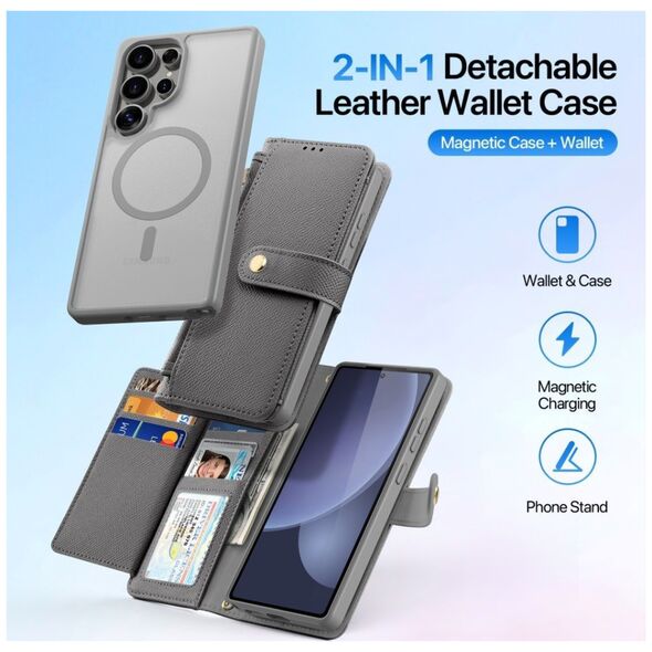 Etui skórzane Dux Ducis Lawa na Samsung Galaxy S25 Ultra z odłączanym portfelem magnetycznym - szare