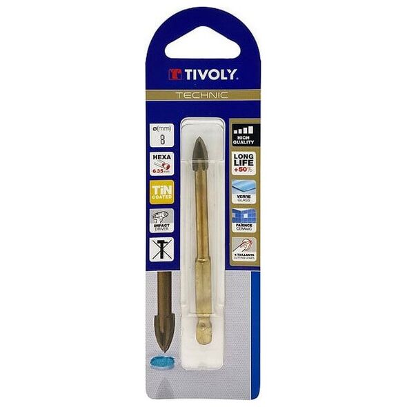 Τρυπάνι Tivoly Tivoly Stiklo ir keramikos plytelių krajžtas, keturių briaunų, 1/4" HEX kotelis, Ø8mm 13411786 3221910007553