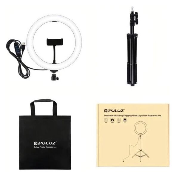Puluz LED δακτυλιοειδής λάμπα žiedinė lempa 26cm, su trikoju stovu iki 1,1m ir telefono laikikliu, USB 13422674 9990000940424