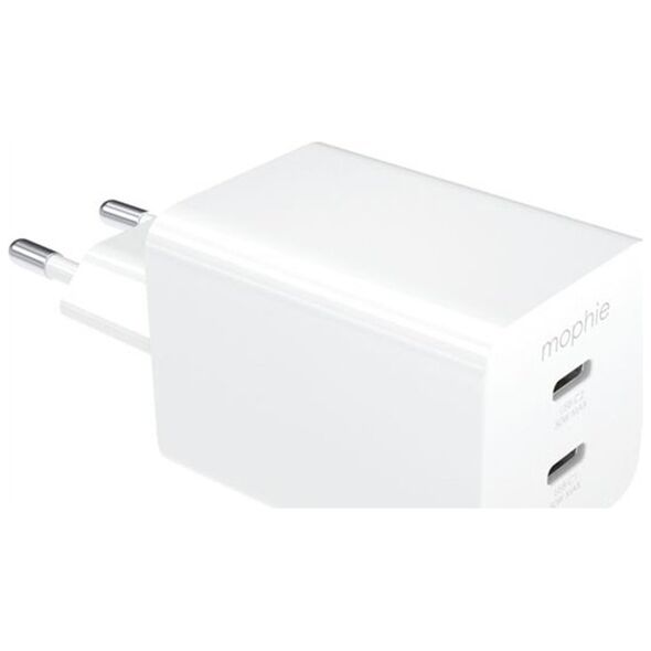 mophie Essentials Power Adapteris Dual USB-C PD 50W EU Baltas
